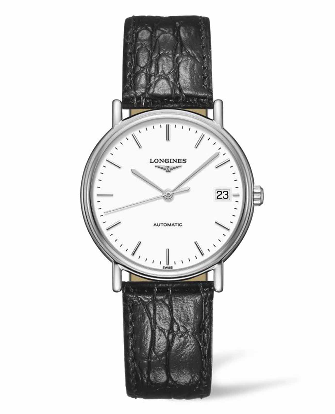 Longines Longines Presence L4.821.4.12.2  L48214122 механические мужские часы белый циферблат, браслет кожаный — вид спереди