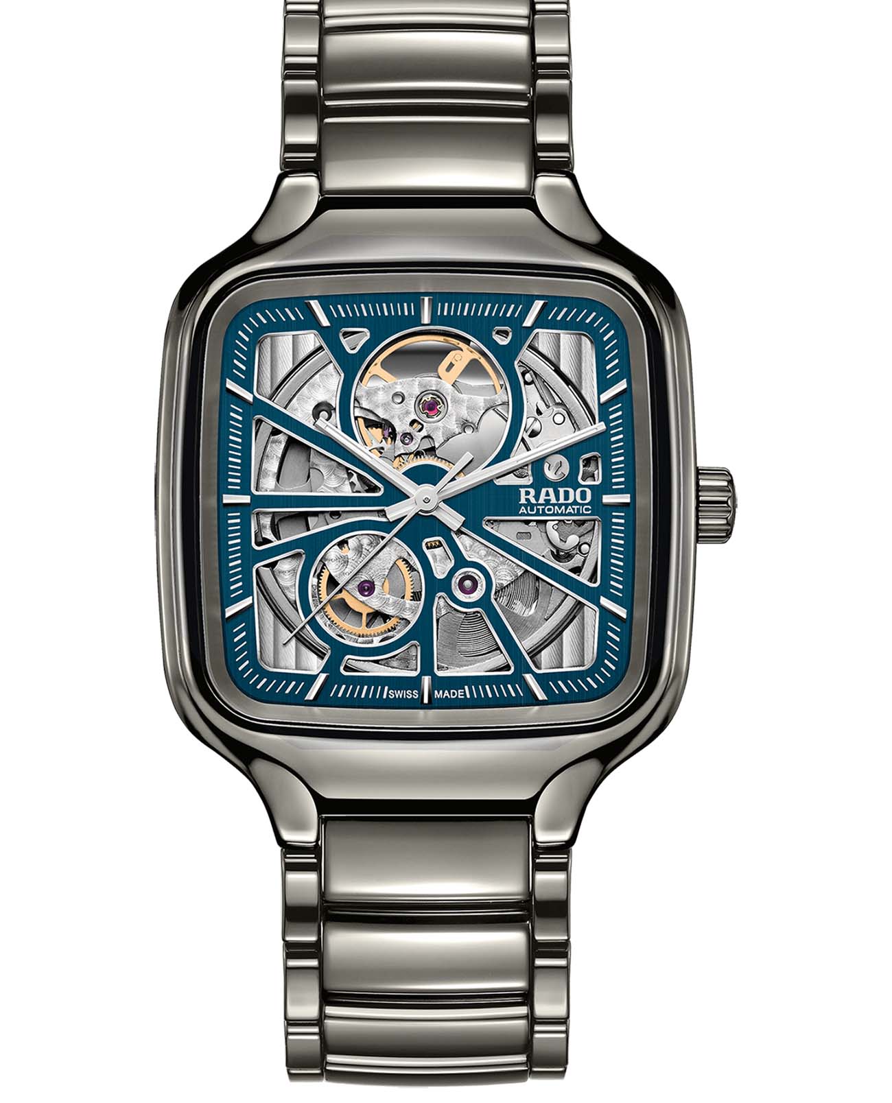 Rado Rado True Square Automatic Open Heart R27083202 Automatic R27083202 механические мужские часы синий циферблат, браслет титан + высокотехнологичная плазменная керамика — вид спереди