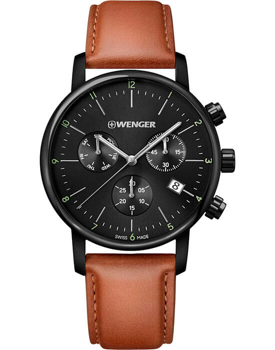 Wenger Seaforce 01.1743.115  01.1743.115 кварцевые мужские часы черный циферблат, браслет кожаный — вид спереди