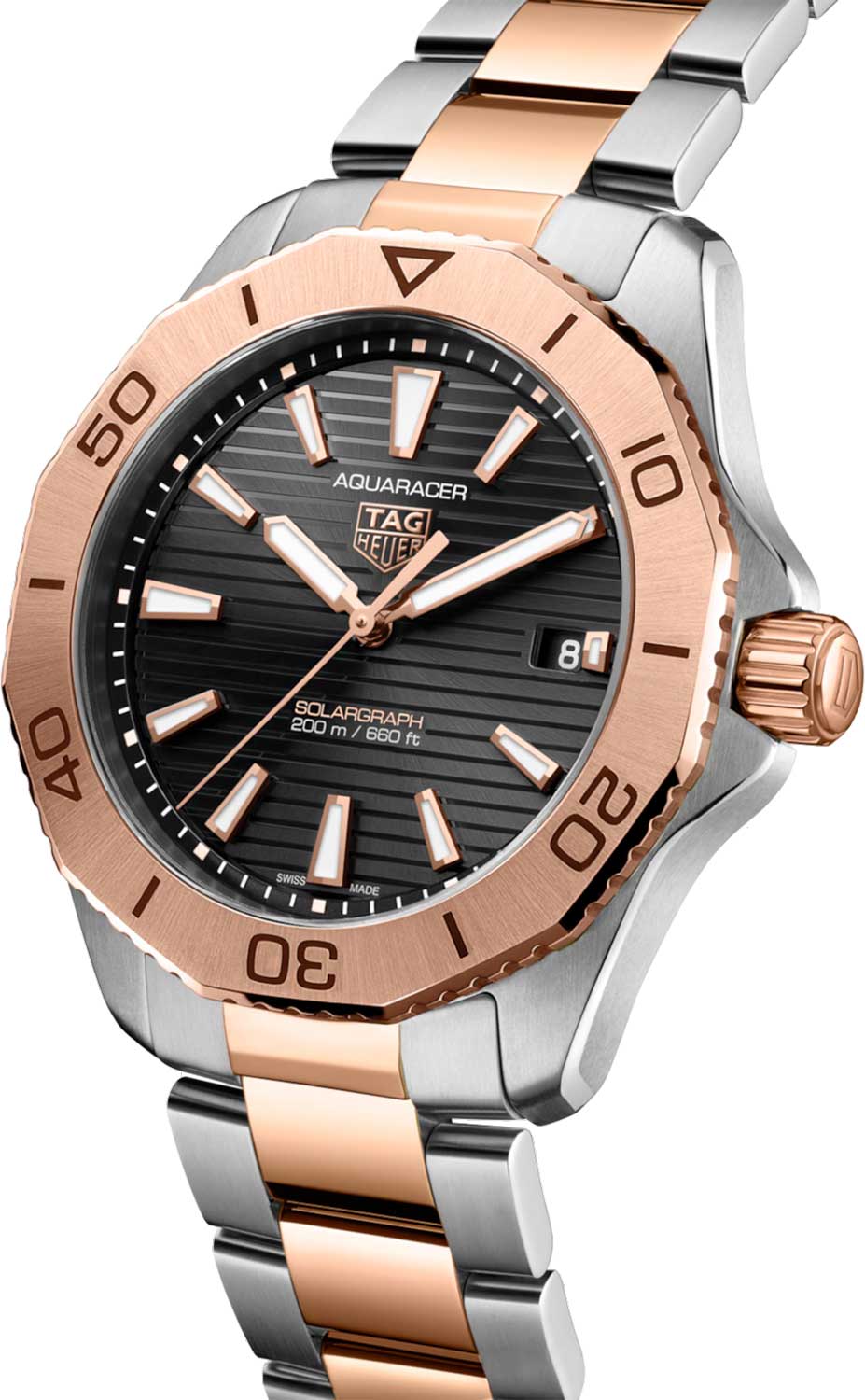 TAG Heuer TAG Heuer Aquaracer Professional 200 Solargraph WBP1121.BB0003, aquaracer швейцария мужские часы на браслете нержавеющая сталь и 18 каратное розовое золото боковой вид