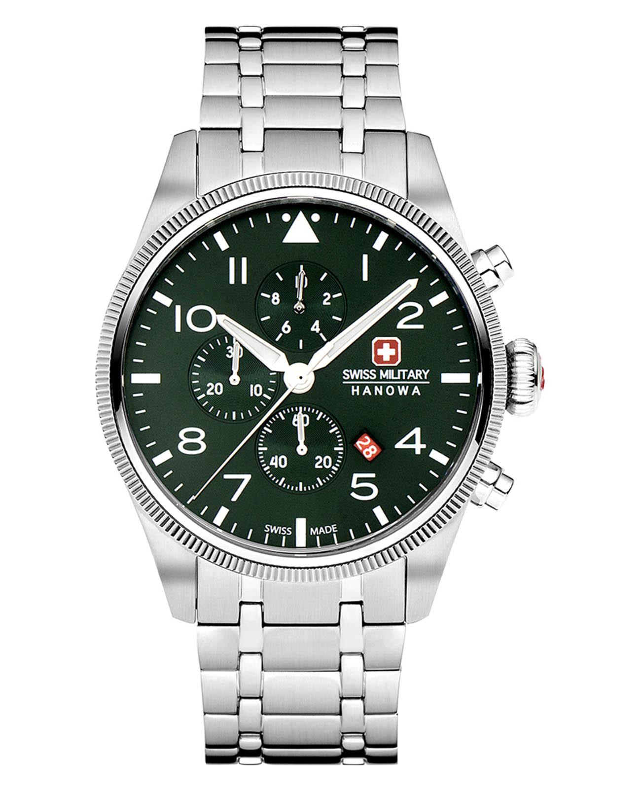 Swiss Military Hanowa Swiss Military Hanowa Thunderbolt Chrono SMWGI0000404  SMWGI0000404 кварцевые мужские часы зеленый циферблат, браслет нержавеющая сталь — вид спереди