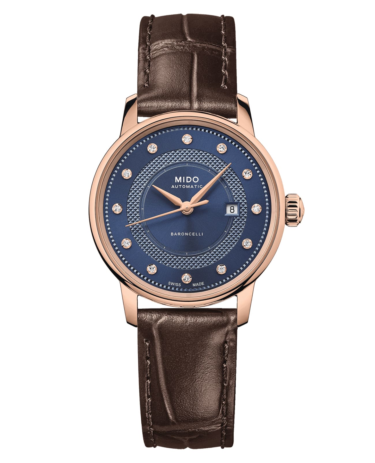 Mido Mido Baroncelli Signature M037.207.36.046.01  M0372073604601 механические женские часы синий циферблат, браслет кожаный — вид спереди