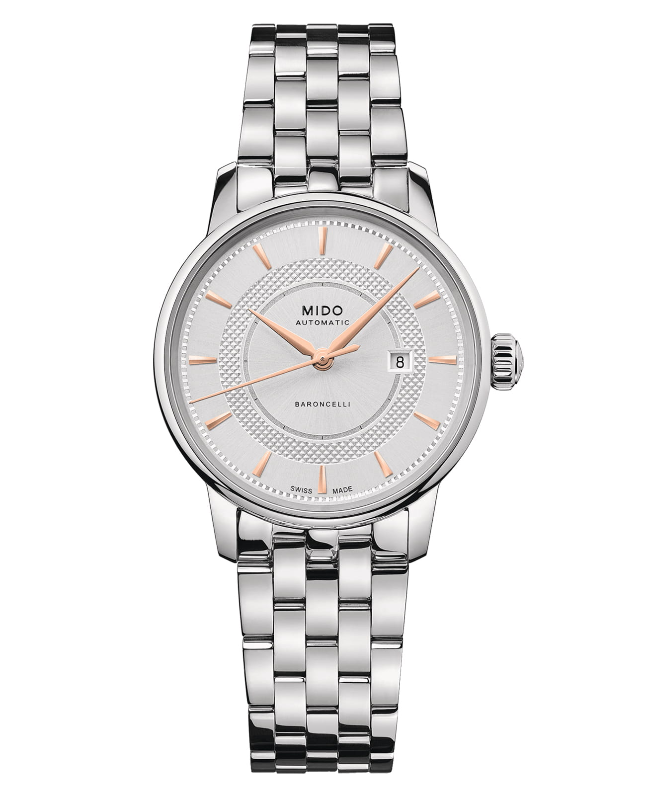 Mido Mido Baroncelli Signature M037.207.11.031.01  M0372071103101 механические женские часы белый циферблат, браслет нержавеющая сталь — вид спереди