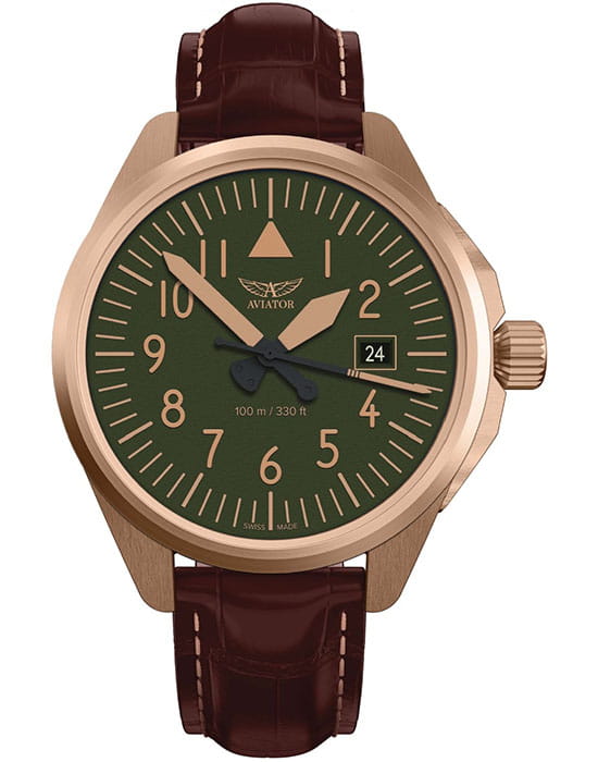 Aviator Aviator Airacobra V.1.38.2.330.4  V.1.38.2.330.4 кварцевые мужские часы зеленый циферблат, браслет кожаный — вид спереди