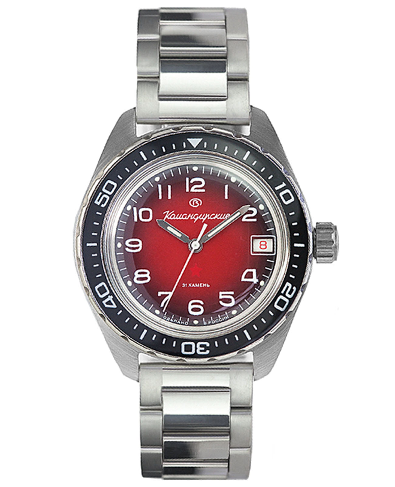 Восток Восток Командирские 02035А  02035А механические мужские часы красный циферблат, браслет нержавеющая сталь — вид спереди