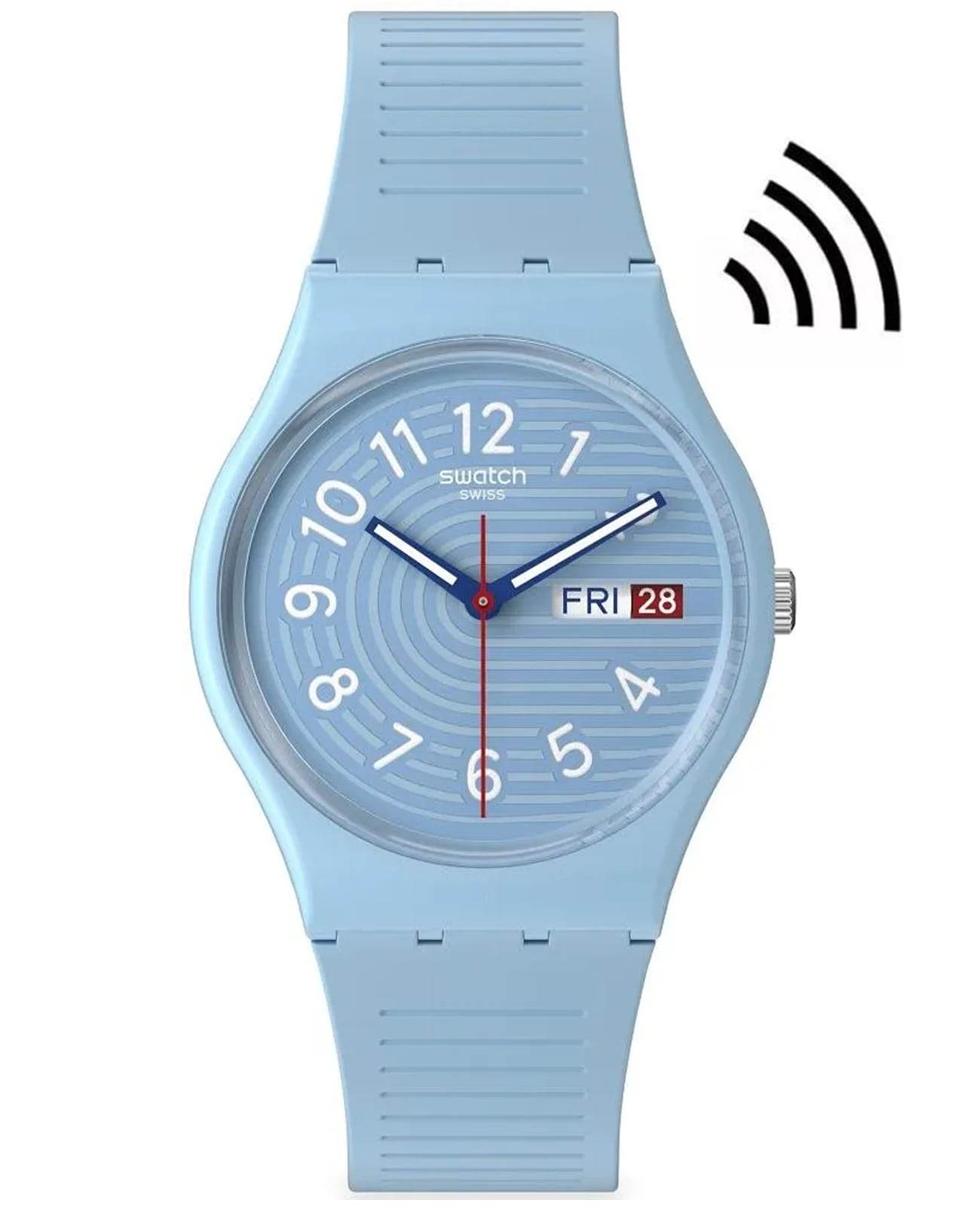 Swatch Swatch Gent Biosourced Swatch Pay! SO28S104-5300  SO28S104-5300 кварцевые женские часы голубой циферблат, браслет силикон — вид спереди