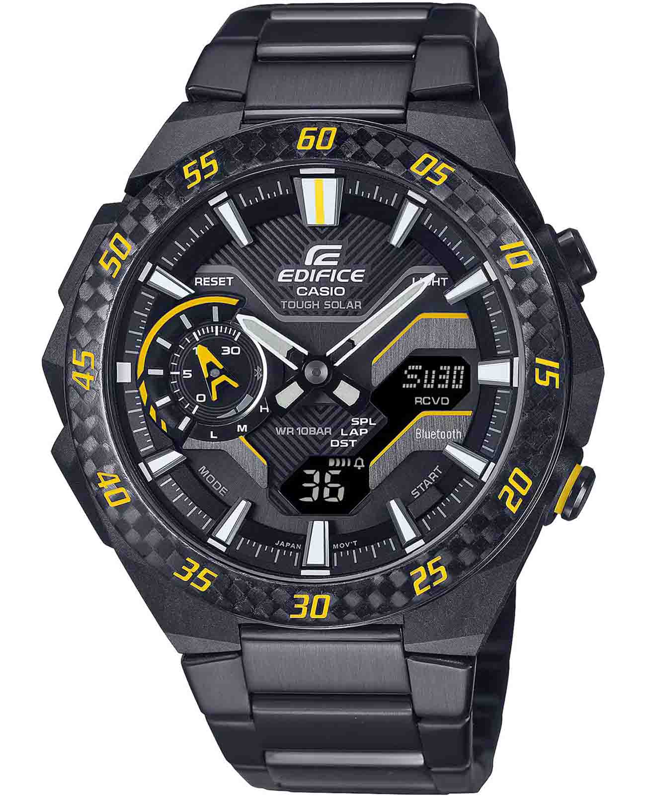 Casio Casio Edifice ECB-2200RC-1A9 ECB ECB-2200RC-1A9 кварцевые мужские часы черный циферблат, браслет нержавеющая сталь с ip-покрытием — вид спереди