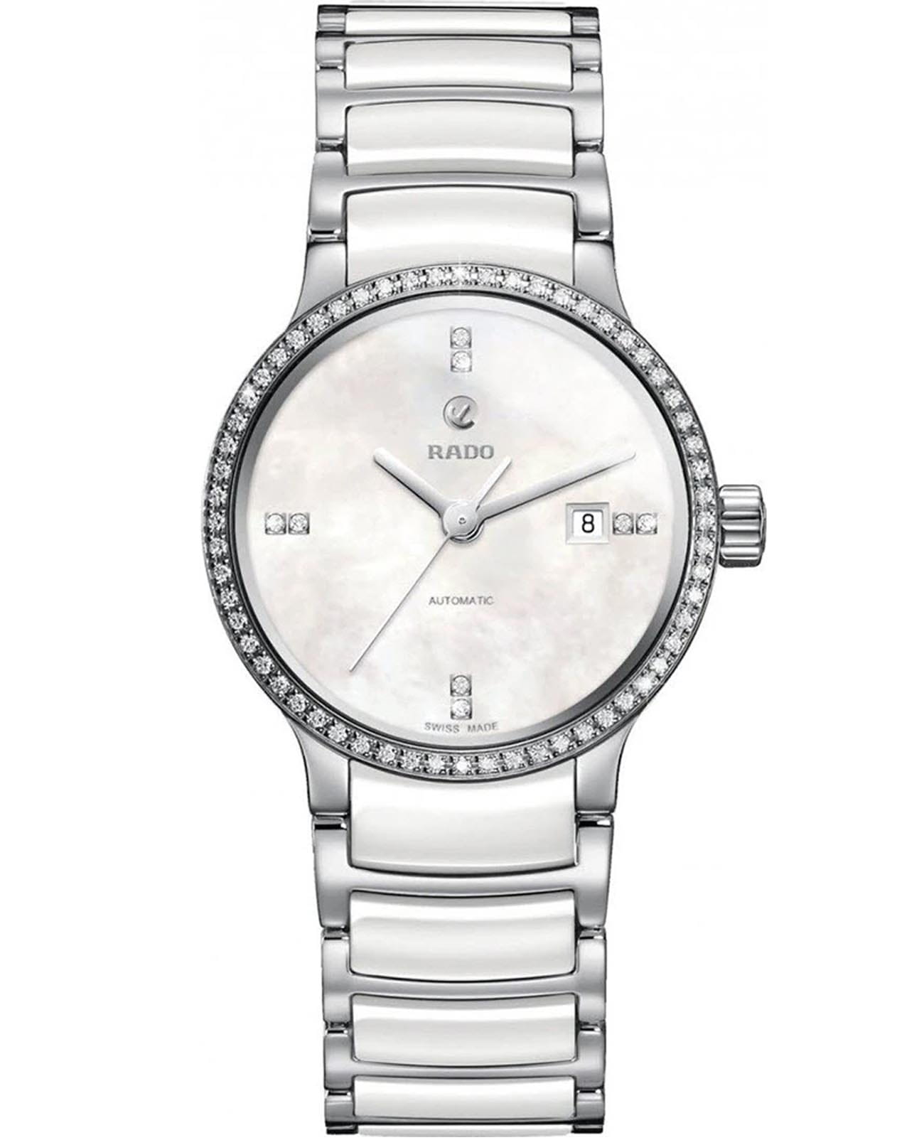 Rado Rado Centrix Automatic Diamonds R30160912 Automatic R30160912 механические женские часы перламутровый циферблат, браслет сталь + высокотехнологичная керамика — вид спереди