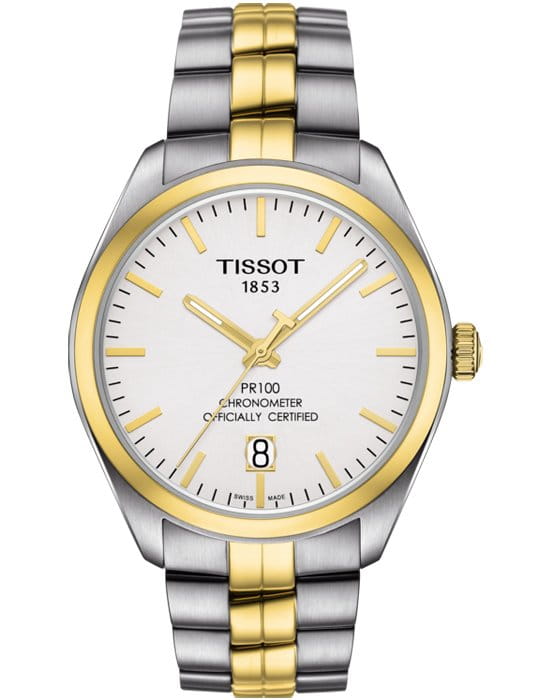 Tissot Tissot PR 100 Powermatic 80 COSC T101.408.22.031.00 PR 100 T1014082203100 механические мужские часы белый циферблат, браслет сталь c pvd покрытием — вид спереди