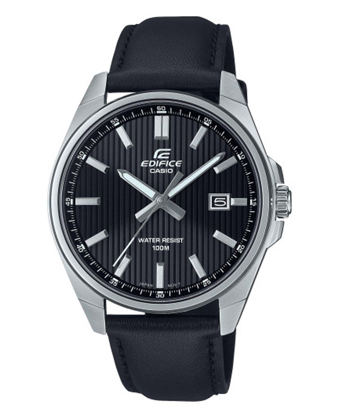 Casio Casio Edifice EFV-150L-1AVUDF (EFV-150L-1A) EFV EFV-150L-1A кварцевые мужские часы черный циферблат, браслет кожаный — вид спереди