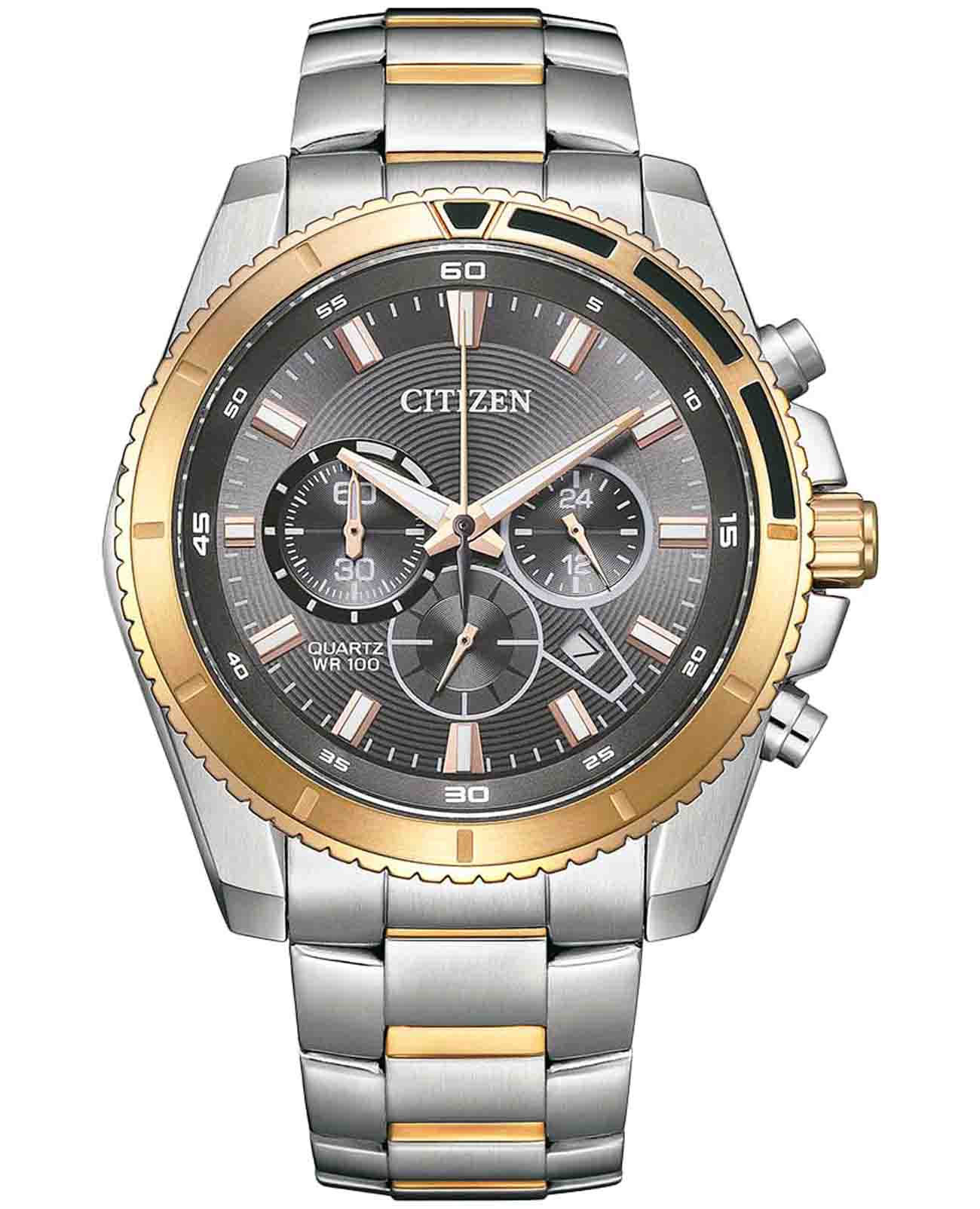 Citizen Citizen Chronograph AN8204-59H  AN8204-59H кварцевые мужские часы серый циферблат, браслет нержавеющая сталь с ip-покрытием — вид спереди