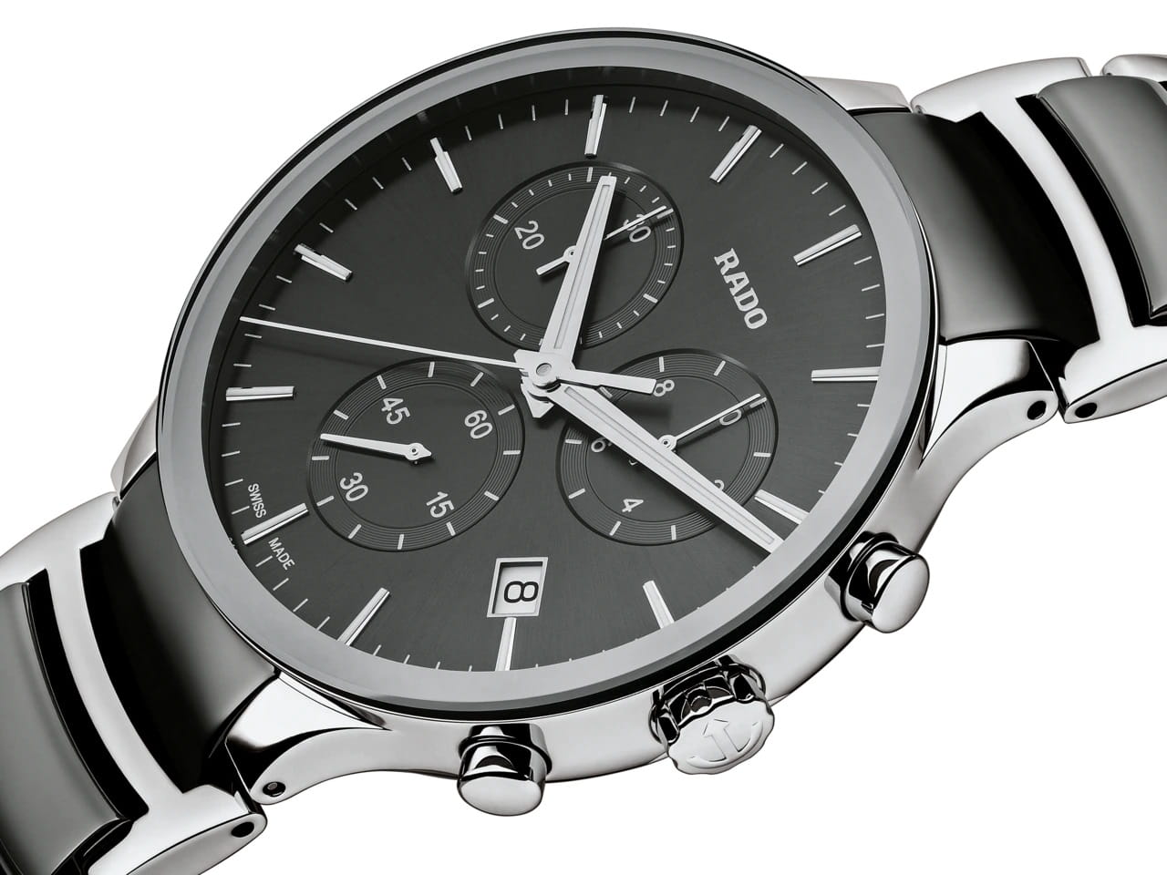 Rado Rado Centrix Chronograph R30122122, centrix швейцария мужские часы на браслете сталь + керамические вставки боковой вид