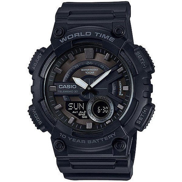 Casio Casio Illuminator AEQ-110W-1BVDF (AEQ-110W-1B)  AEQ-110W-1B кварцевые мужские часы черный циферблат, браслет пластик — вид спереди