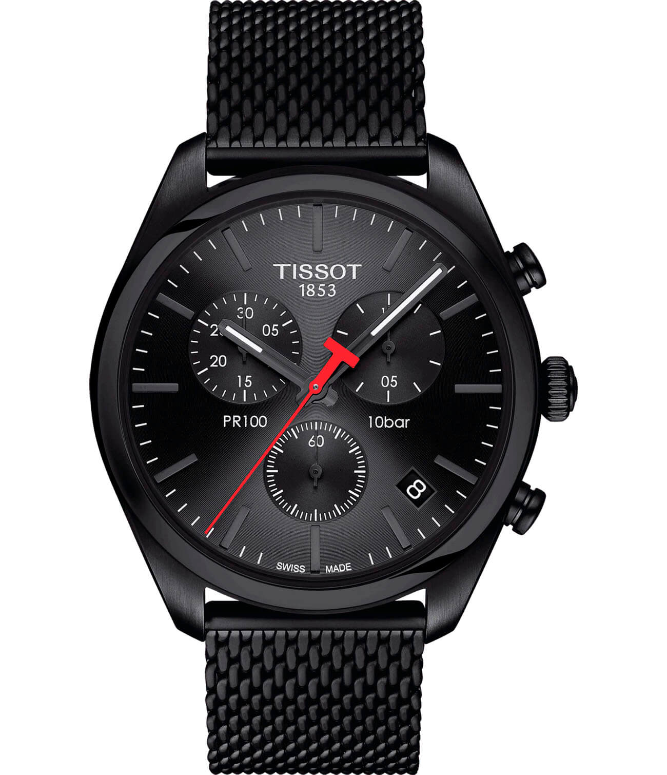 Tissot Tissot PR 100 Сhronograph T101.417.33.051.00 PR 100 T1014173305100 кварцевые мужские часы черный циферблат, браслет сталь c pvd покрытием — вид спереди