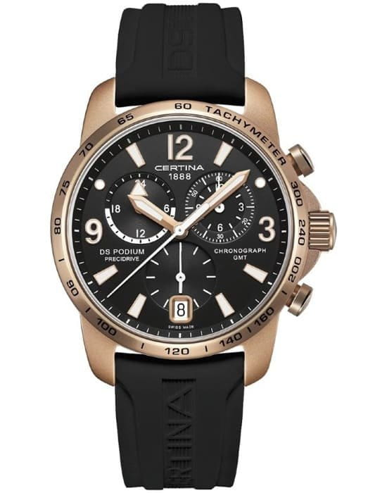 Certina Certina DS Podium Chronograph GMT Aluminium C001.639.97.057.04  C0016399705704 кварцевые мужские часы черный циферблат, браслет каучук — вид спереди
