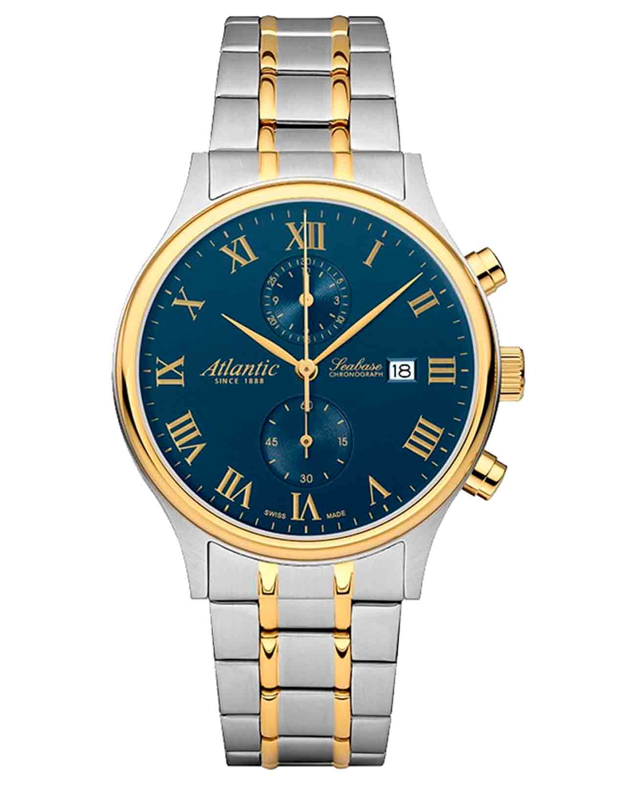 Atlantic Atlantic Seabase 64457.43.58G   64457.43.58G кварцевые мужские часы синий циферблат, браслет нержавеющая сталь с pvd-покрытием — вид спереди