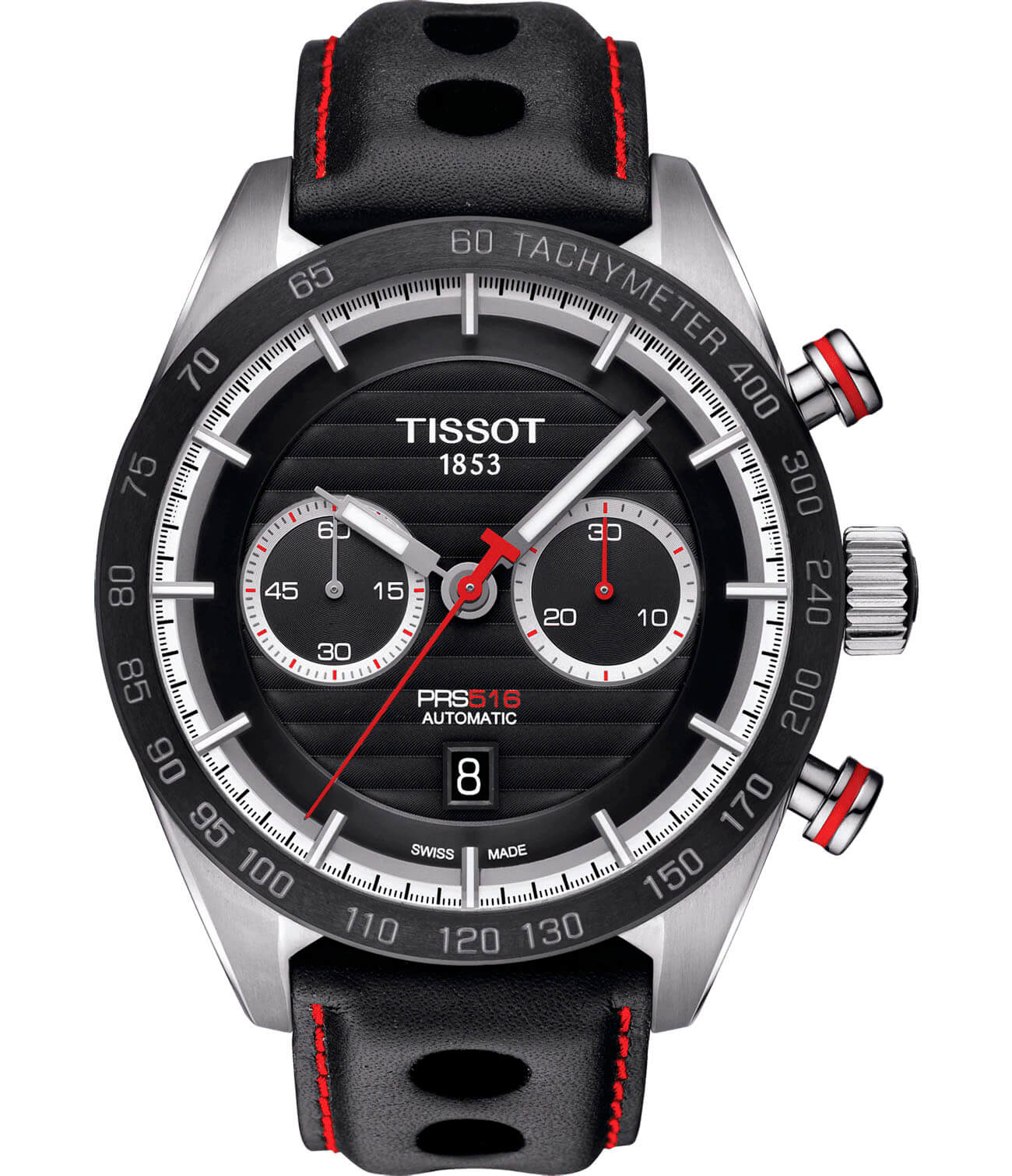 Tissot Tissot PRS 516 Automatic Chronograph T100.427.16.051.00 PRS 516 T1004271605100 механические мужские часы черный циферблат, браслет кожаный — вид спереди