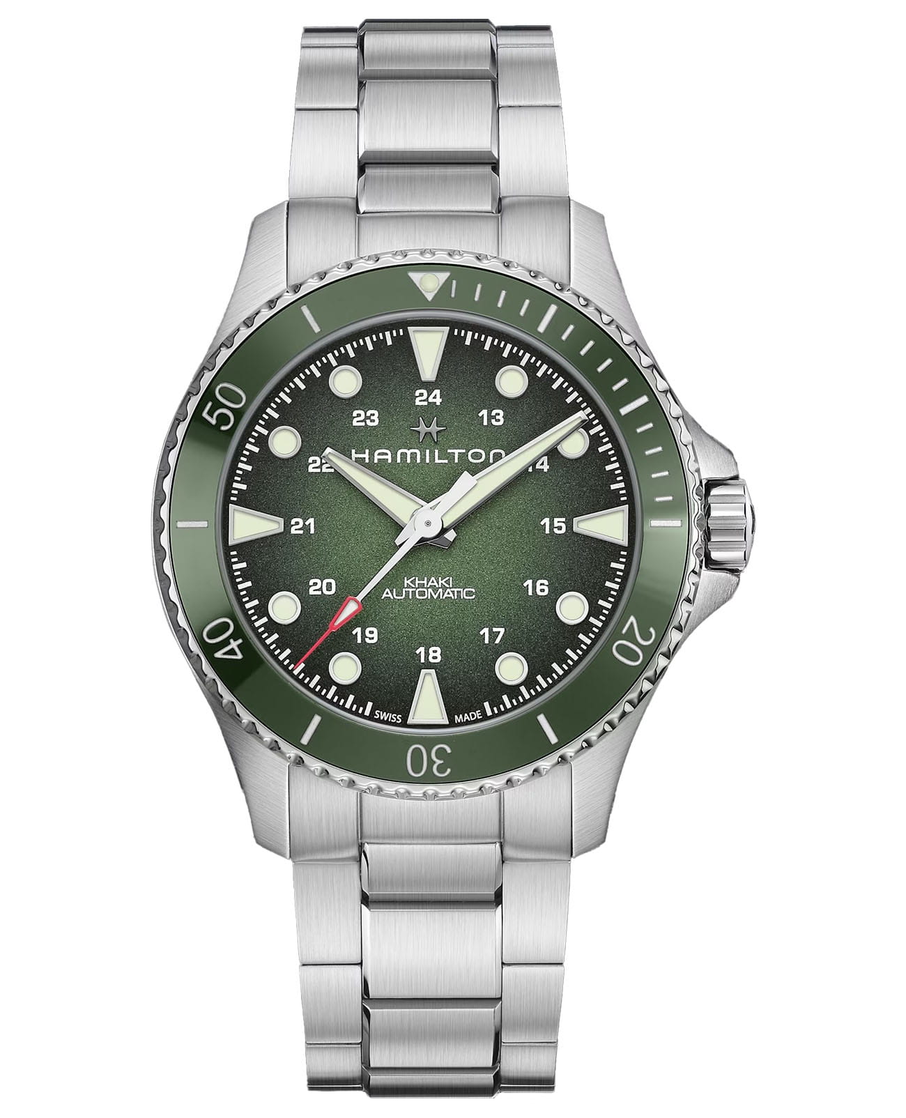 Hamilton Hamilton Khaki Navy Scuba Automatic H82525160  H82525160 механические мужские часы зеленый циферблат, браслет нержавеющая сталь — вид спереди