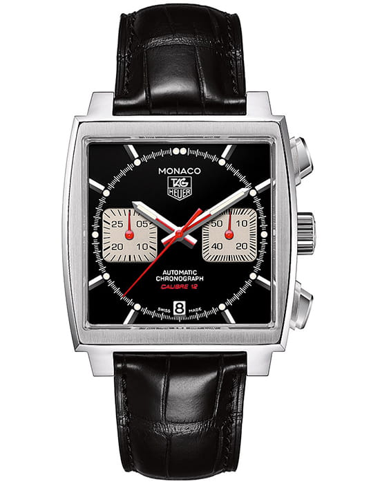 TAG Heuer TAG Heuer Monaco CAW2114.FC6177  CAW2114.FC6177 механические мужские часы черный циферблат, браслет кожаный — вид спереди