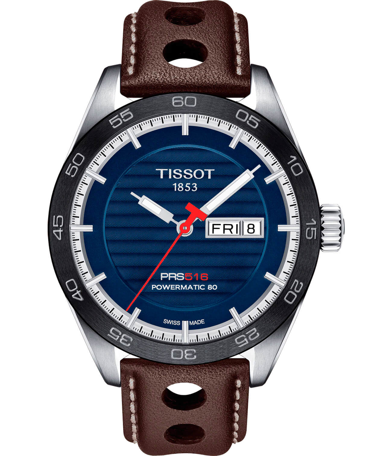 Tissot Tissot PRS 516 Powermatic 80 T100.430.16.041.00 PRS 516 T1004301604100 механические мужские часы синий циферблат, браслет кожаный — вид спереди