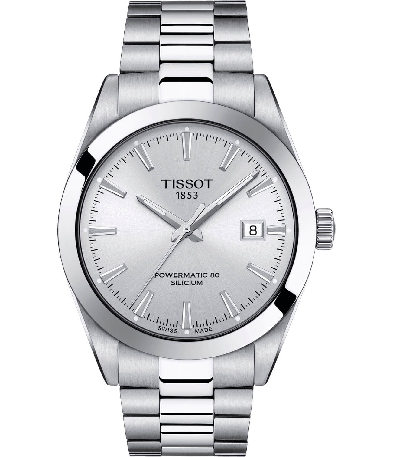 Tissot Tissot Gentleman Powermatic 80 Silicium T127.407.11.031.00 Gentleman T1274071103100 механические мужские часы серебристый циферблат, браслет нержавеющая сталь — вид спереди
