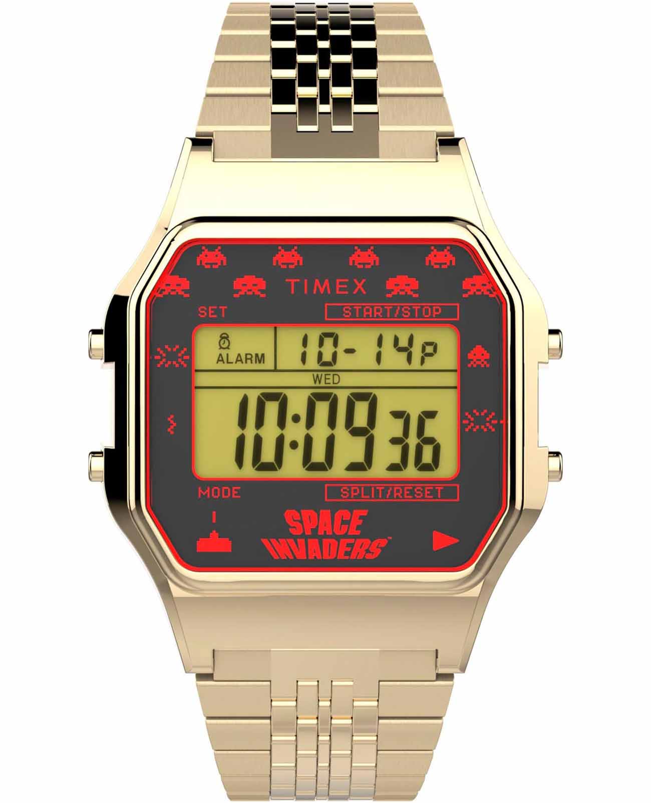 Timex Timex T80 Space Invaders TW2V30100  TW2V30100 кварцевые мужские часы  циферблат, браслет нержавеющая сталь с pvd-покрытием — вид спереди