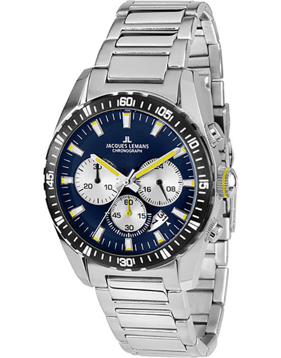 Jacques Lemans Jacques Lemans 1-1801M  1-1801M кварцевые мужские часы синий циферблат, браслет нержавеющая сталь — вид спереди