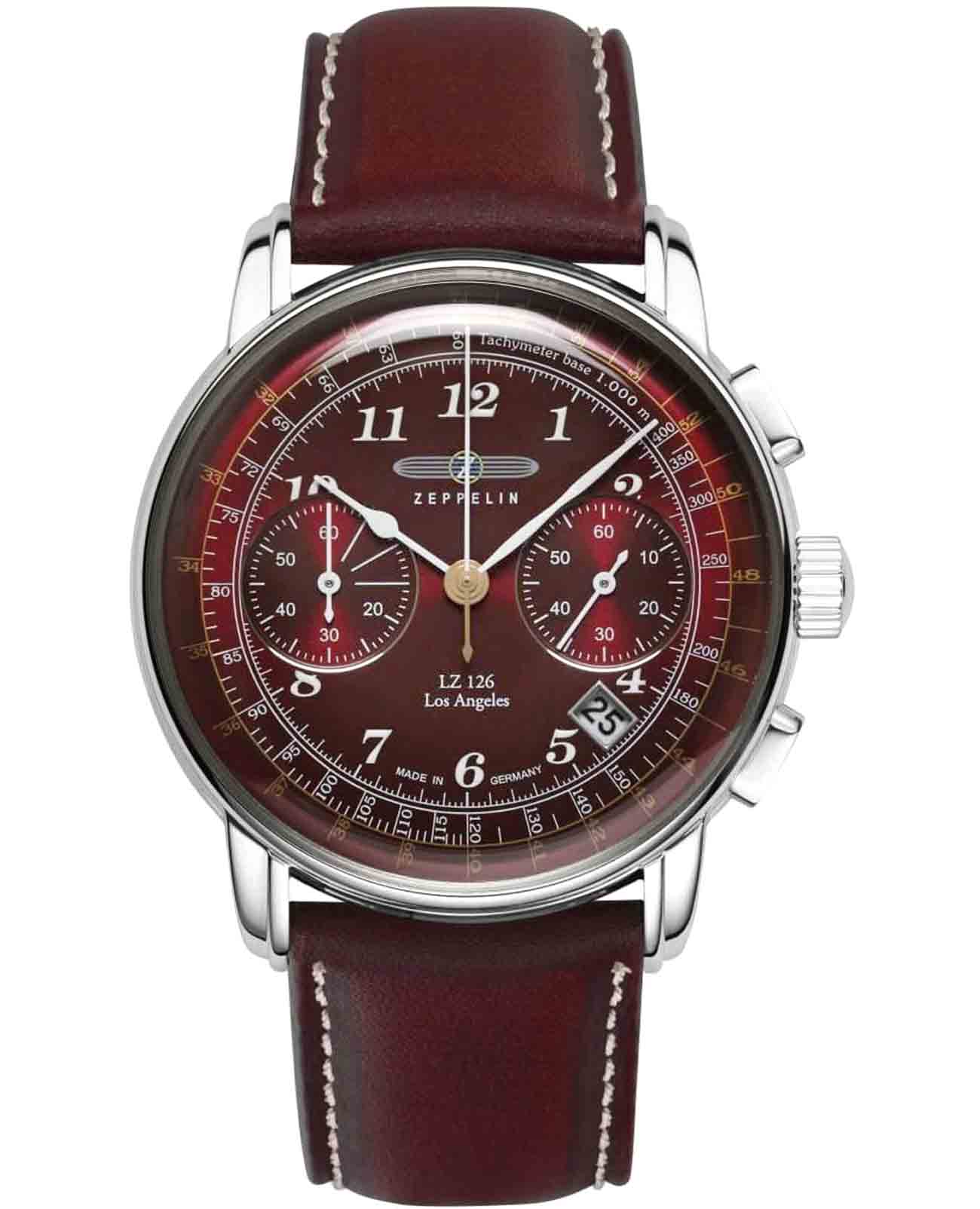 Zeppelin Zeppelin LZ126 Los Angeles 76146  76146 кварцевые мужские часы бордовый циферблат, браслет кожаный — вид спереди