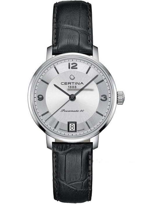 Certina Certina DS Caimano Lady Powermatic 80 C035.207.16.037.00 DS Caimano C0352071603700 механические женские часы серебристый циферблат, браслет кожаный — вид спереди