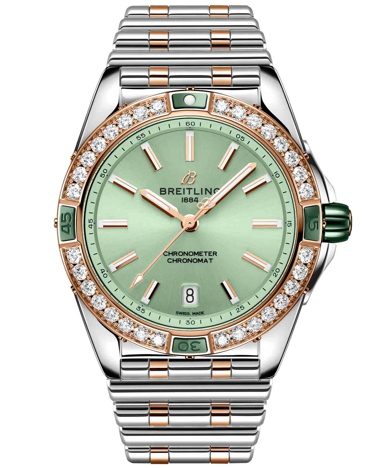 Breitling Breitling Super Chronomat Automatic 38 U17356531L1U1  U17356531L1U1 механические женские часы зеленый циферблат, браслет сталь + золото — вид спереди