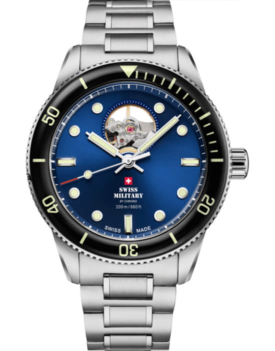 Swiss Military by Chrono Swiss Military Automatic Dive SMA34106.12  SMA34106.12 механические мужские часы синий циферблат, браслет нержавеющая сталь — вид спереди