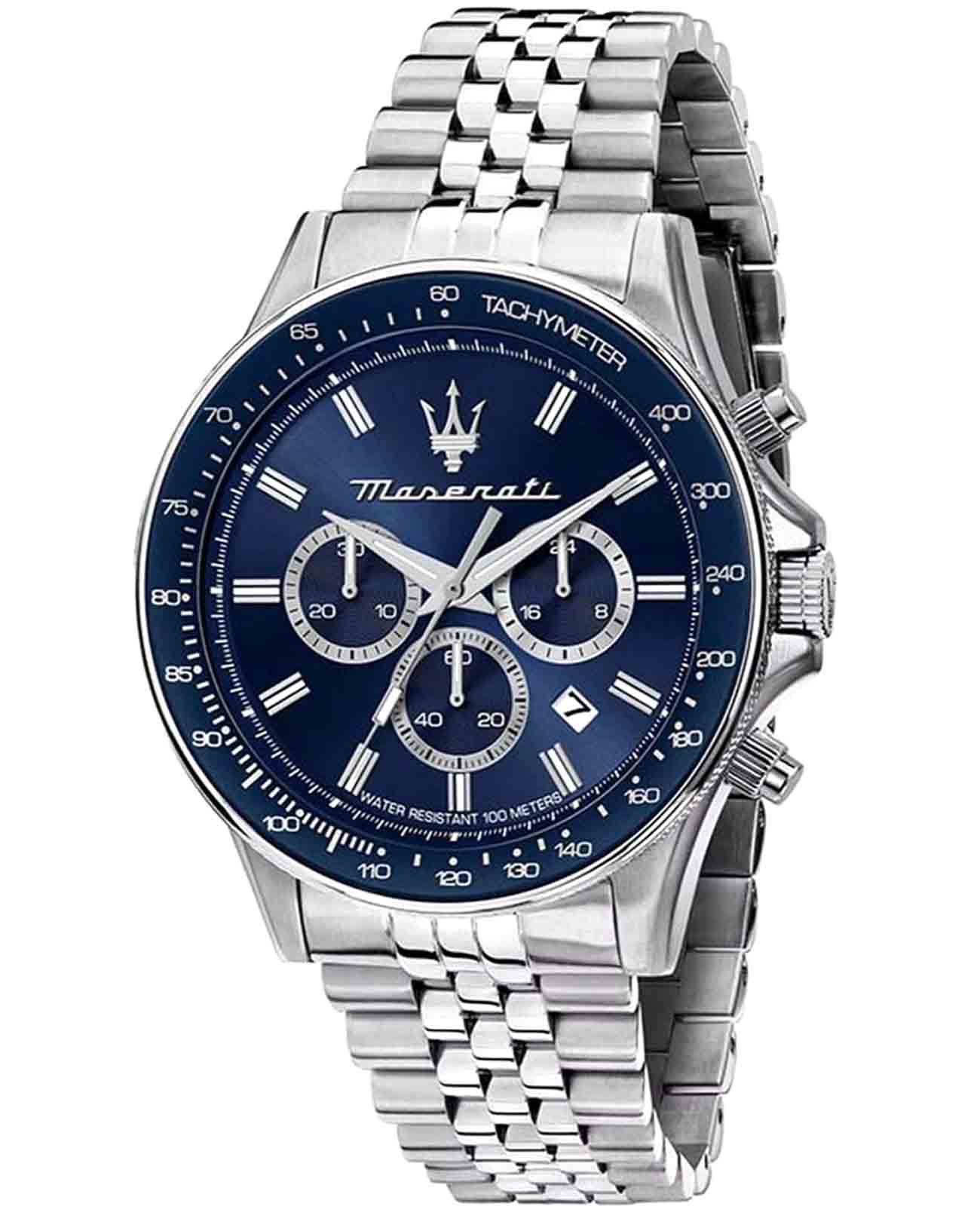 Maserati Maserati Sfida Chronograph R8873640025  R8873640025 кварцевые мужские часы синий циферблат, браслет нержавеющая сталь — вид спереди