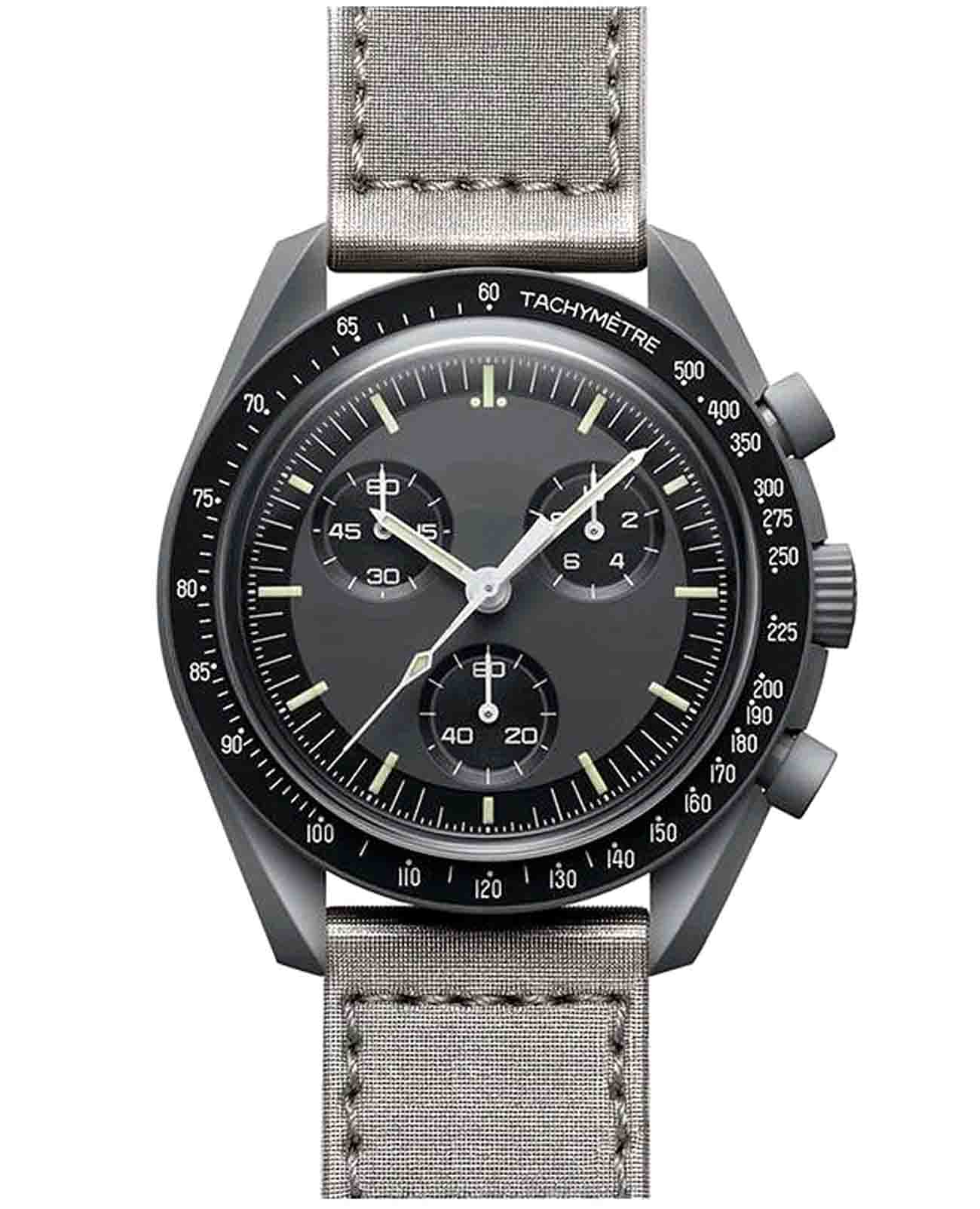 Swatch Swatch x Omega Bioceramic Moonswatch Mission to Mercury SO33A100  SO33A100 кварцевые мужские часы серый циферблат, браслет нейлон — вид спереди