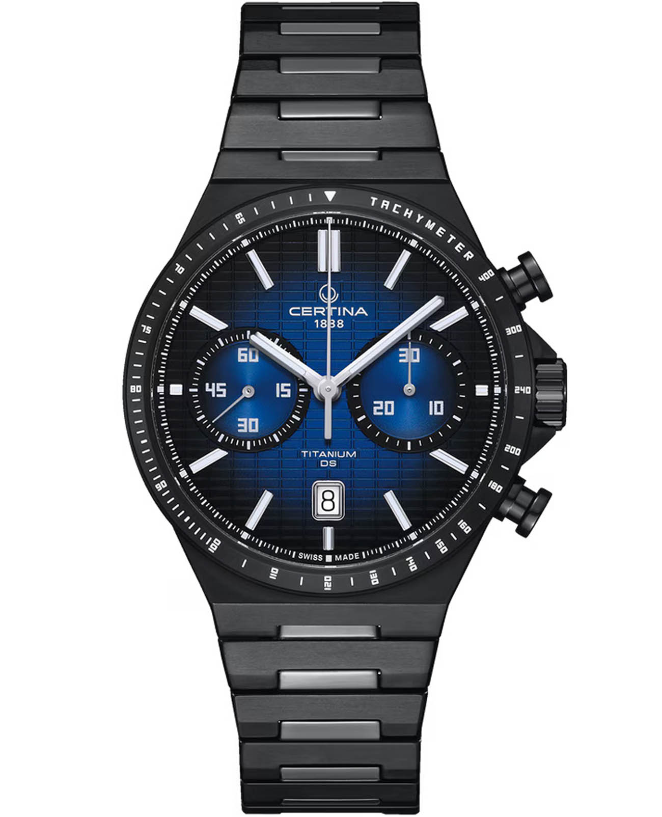 Certina Certina DS-7 Chrono Auto C043.427.44.041.00  C0434274404100 механические мужские часы черный циферблат, браслет титановый c pvd покрытием — вид спереди