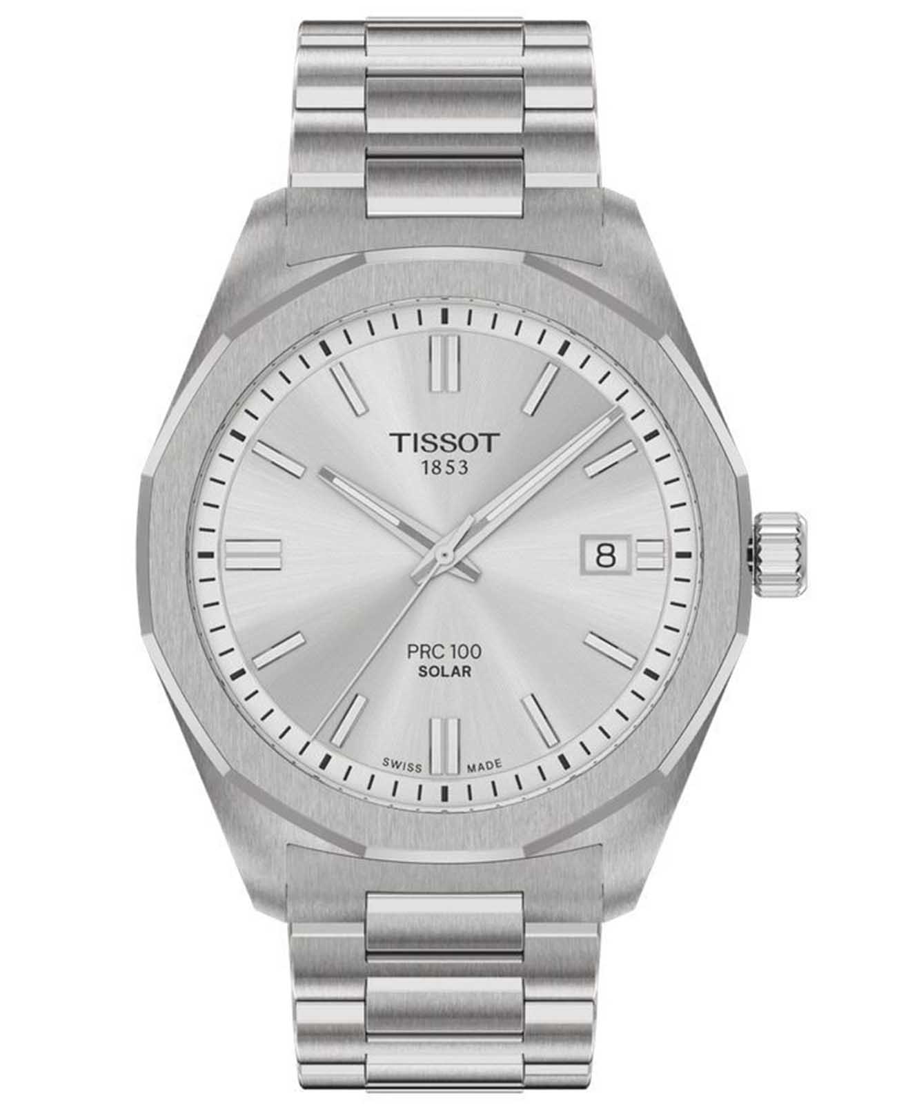 Tissot Tissot PRC 100 Solar Quartz 39mm T151.422.11.031.00 PRC 100 Solar T1514221103100 кварцевые мужские часы белый циферблат, браслет нержавеющая сталь — вид спереди