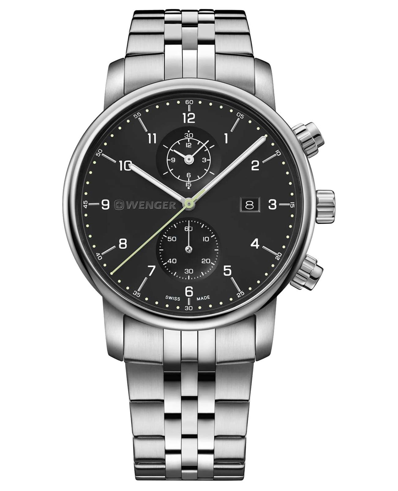 Wenger Urban classic 01.1743.122  01.1743.122 кварцевые мужские часы черный циферблат, браслет нержавеющая сталь — вид спереди