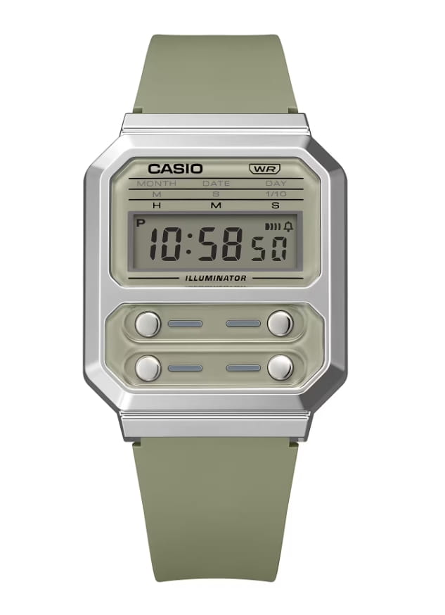 Casio Casio Vintage A100WEF-3ADF кварцевые мужские часы часы крупный план зеленый циферблата