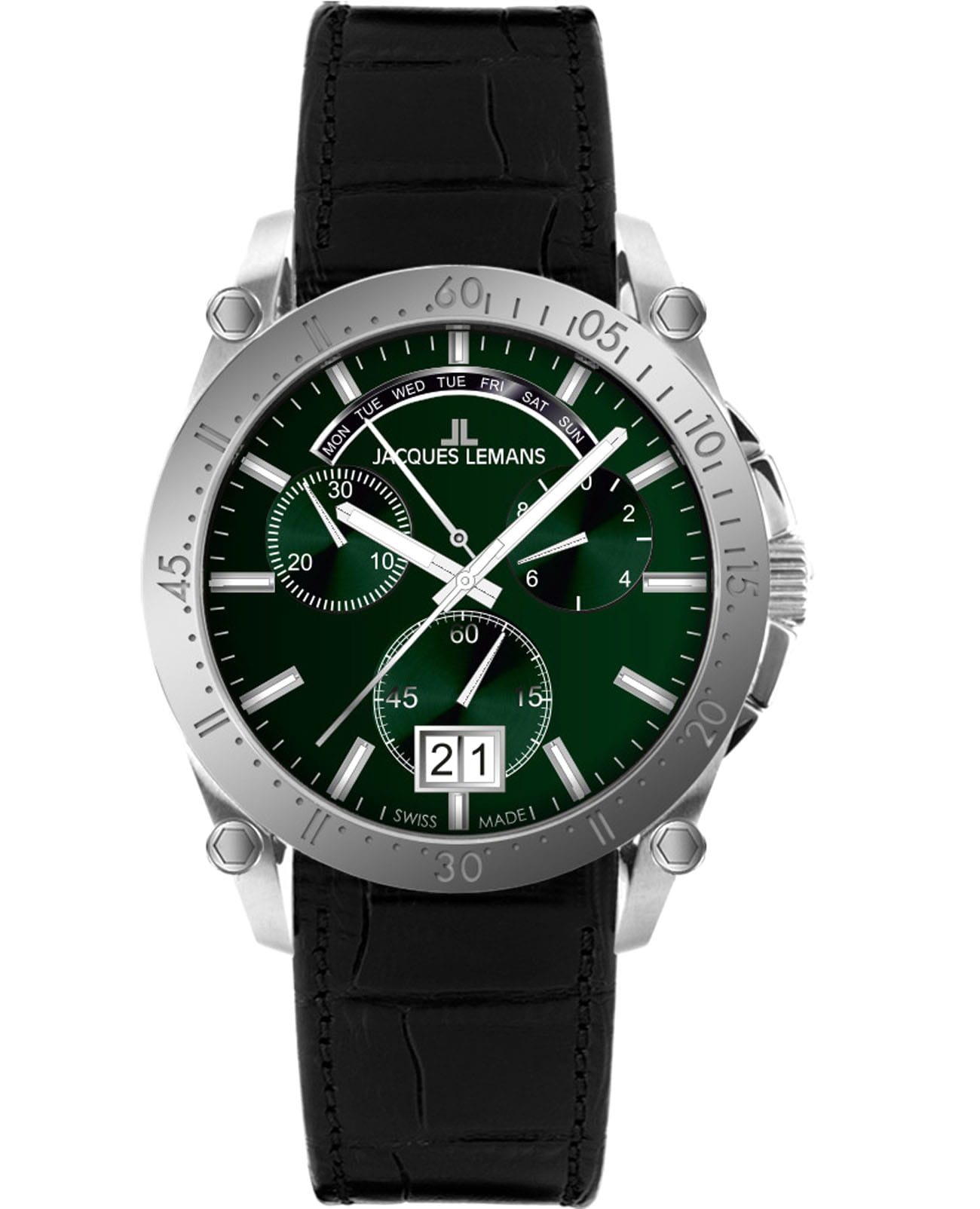 Jacques Lemans Jacques Lemans Derby 1-2198B  1-2198B кварцевые мужские часы зеленый циферблат, браслет кожаный — вид спереди