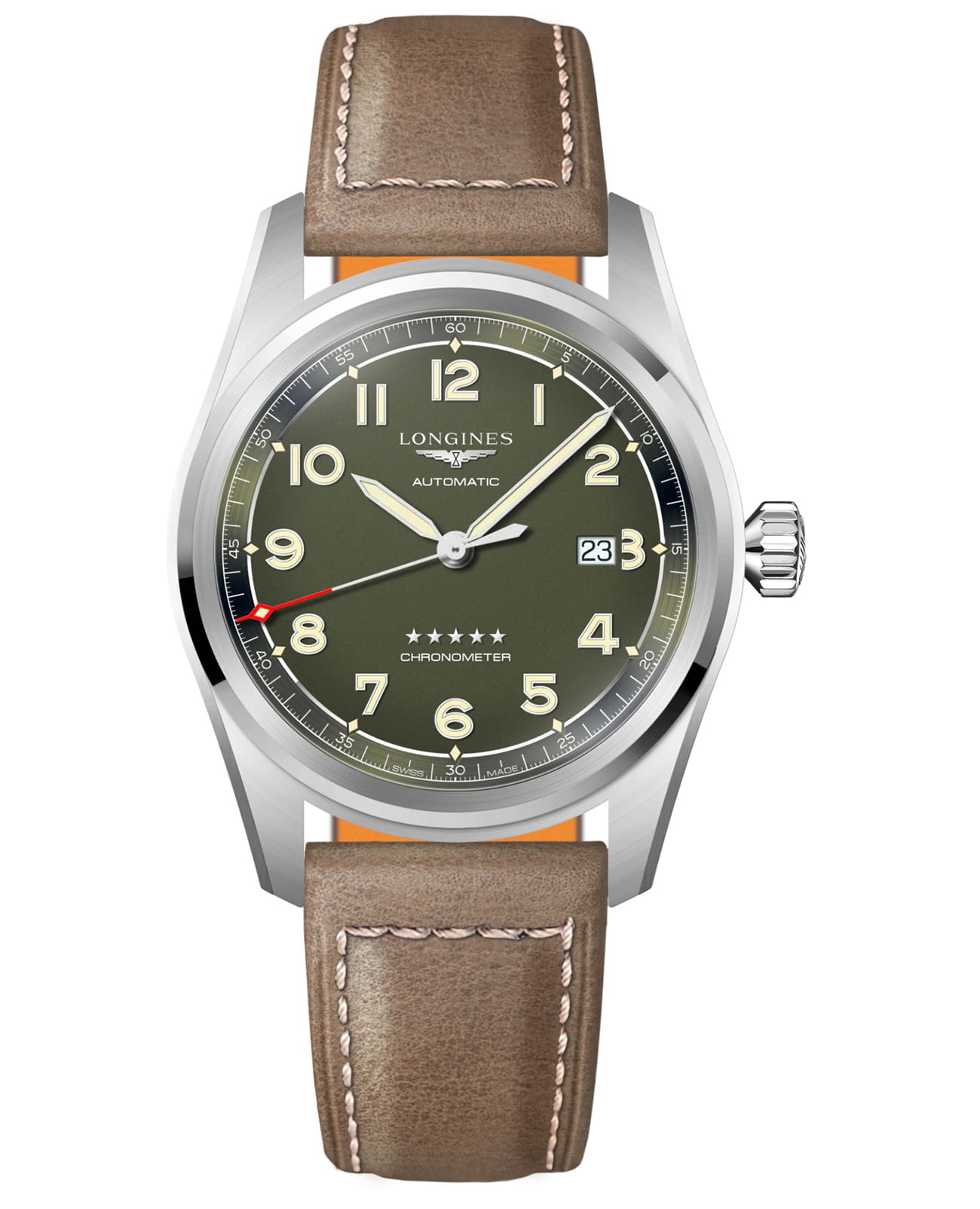 Longines Longines Spirit L3.811.4.03.2  L38114032 механические мужские часы зеленый циферблат, браслет кожаный — вид спереди