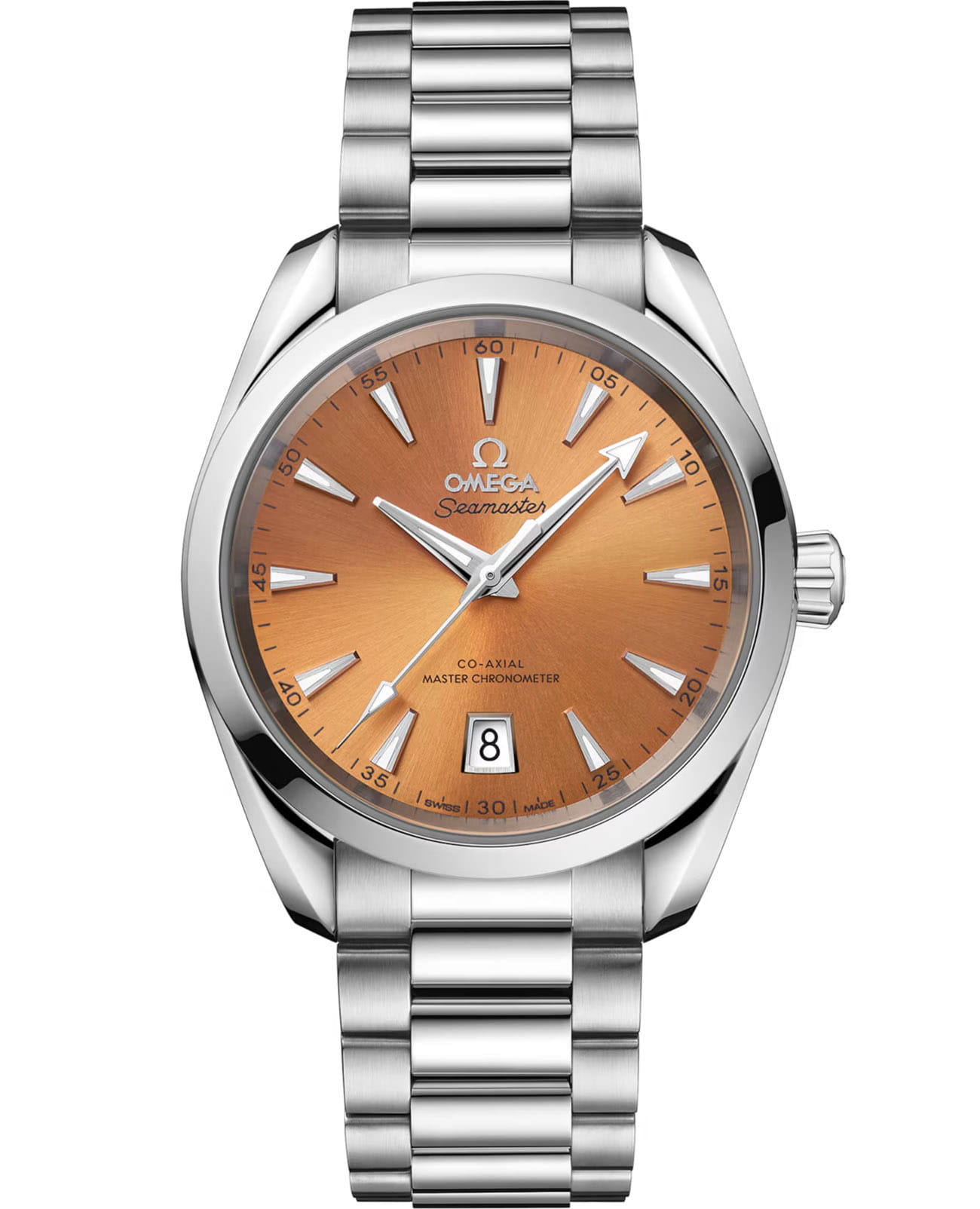 Omega Omega Seamaster Aqua Terra 220.10.38.20.12.001 Aqua Terra 22010382012001 механические мужские часы оранжевый циферблат, браслет нержавеющая сталь — вид спереди