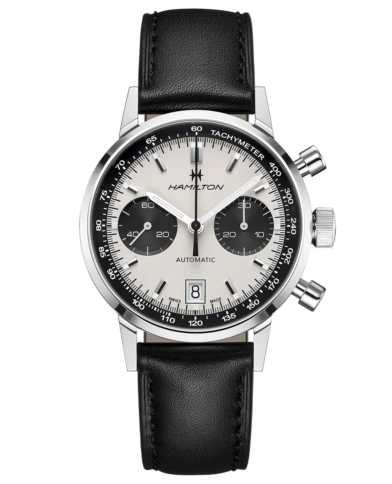Hamilton Hamilton American Classic Intra-Matic Auto Chrono H38416711  H38416711 механические мужские часы белый циферблат, браслет кожаный — вид спереди