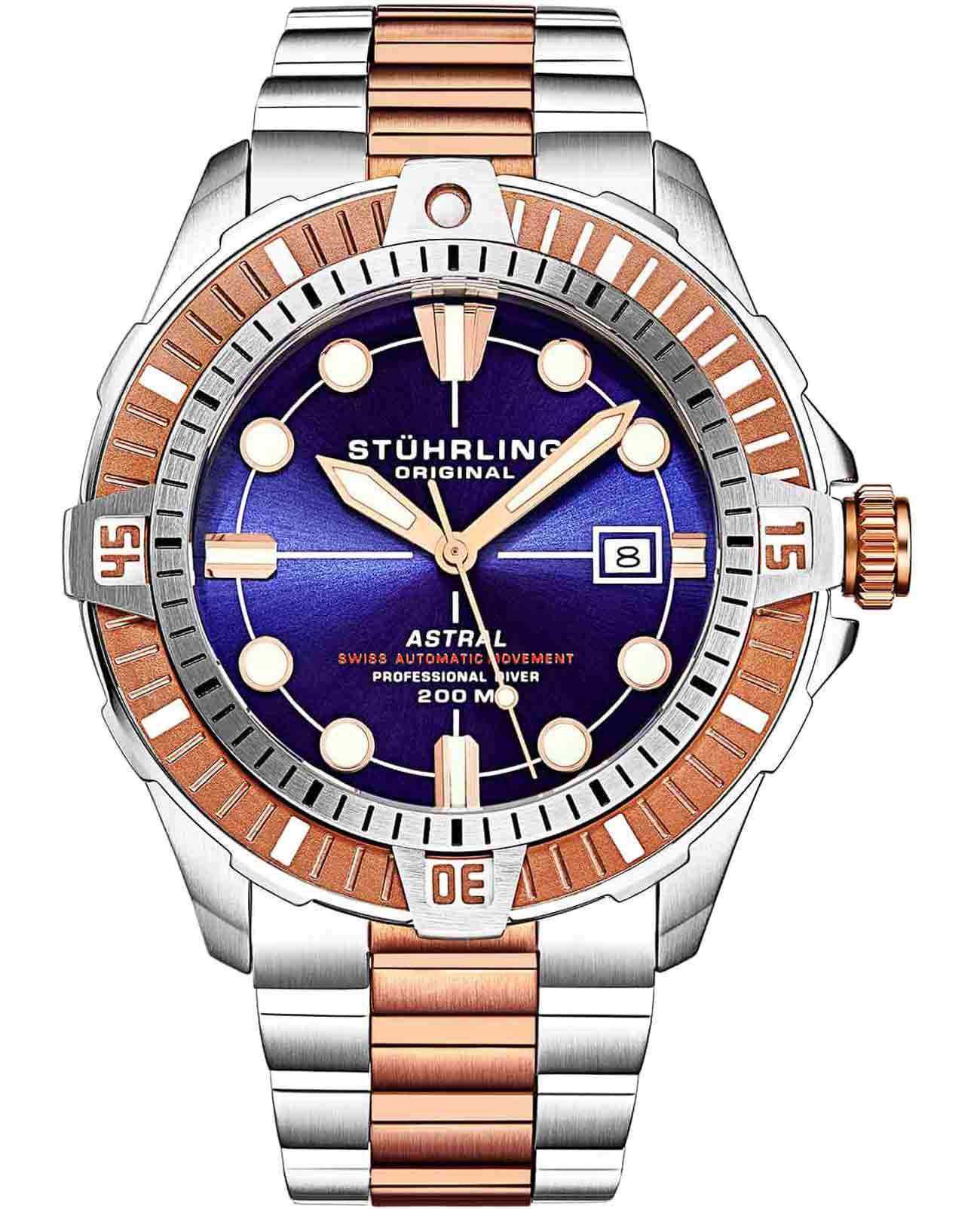 Stuhrling Stuhrling Aquadiver 1005.04  1005.04 механические мужские часы синий циферблат, браслет нержавеющая сталь с pvd-покрытием — вид спереди