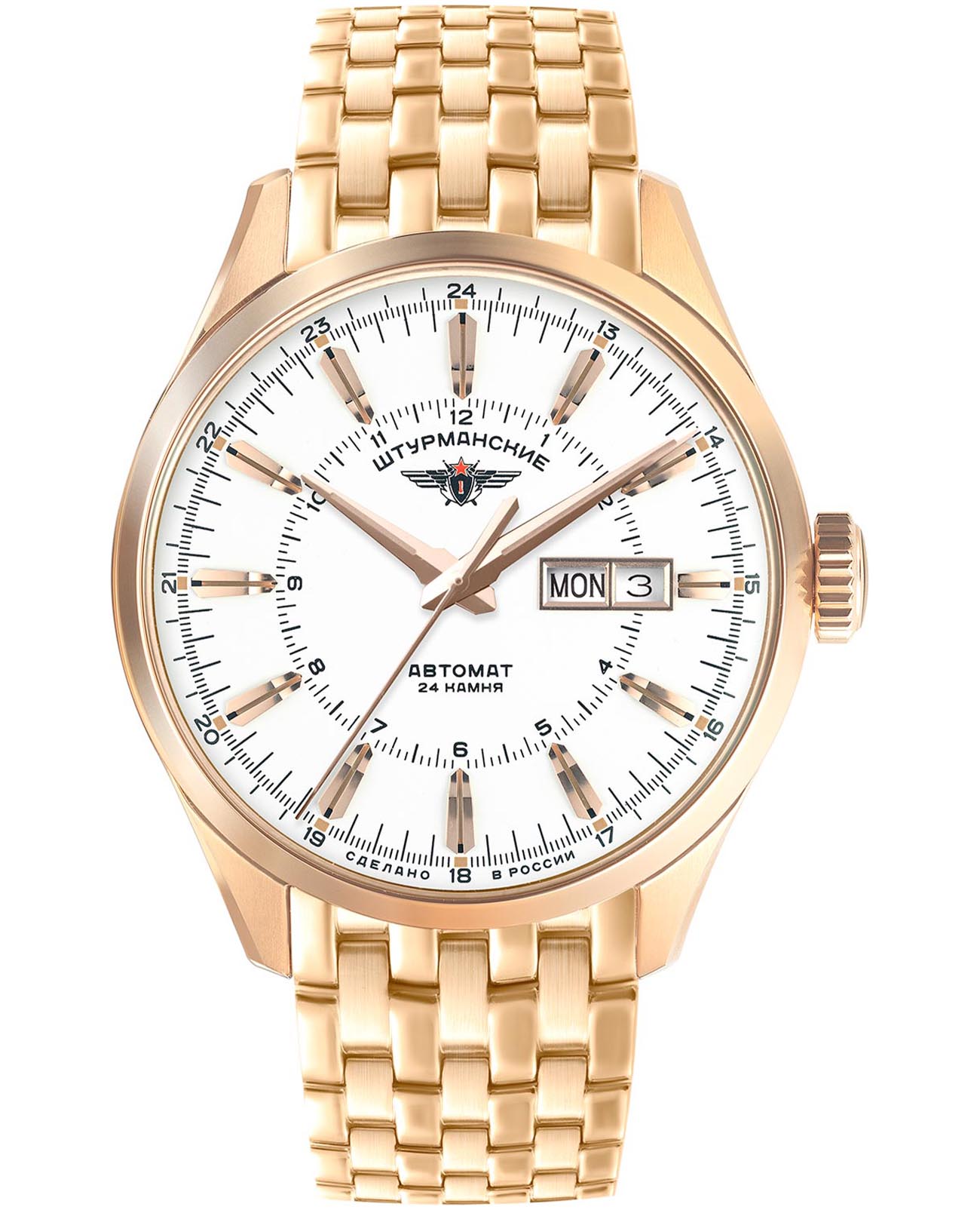 Штурманские Штурманские Открытый Космос Day-Date NH36/1899773B  NH36/1899773B механические мужские часы белый циферблат, браслет нержавеющая сталь с pvd-покрытием — вид спереди