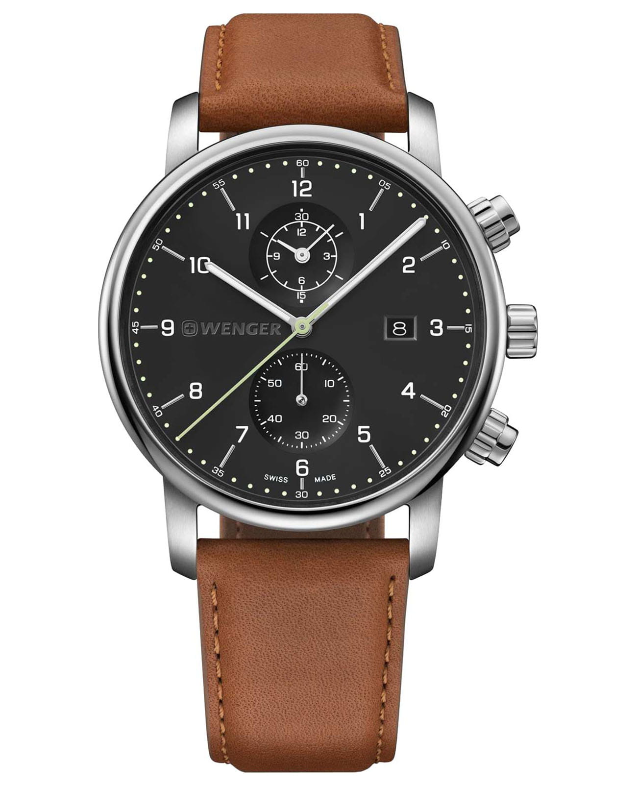 Wenger Urban classic 01.1743.121  01.1743.121 кварцевые мужские часы черный циферблат, браслет кожаный — вид спереди