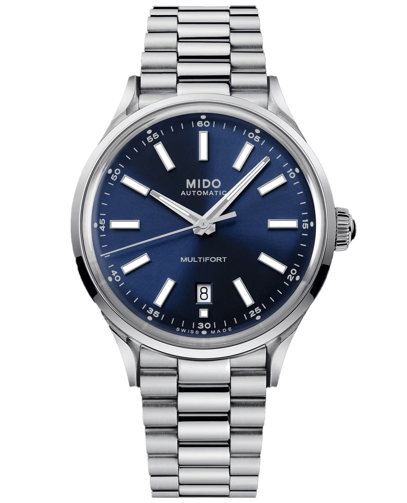 Mido Mido Multifort Patrimony Powerwind M040.407.11.041.00  M0404071104100 механические мужские часы синий циферблат, браслет нержавеющая сталь — вид спереди