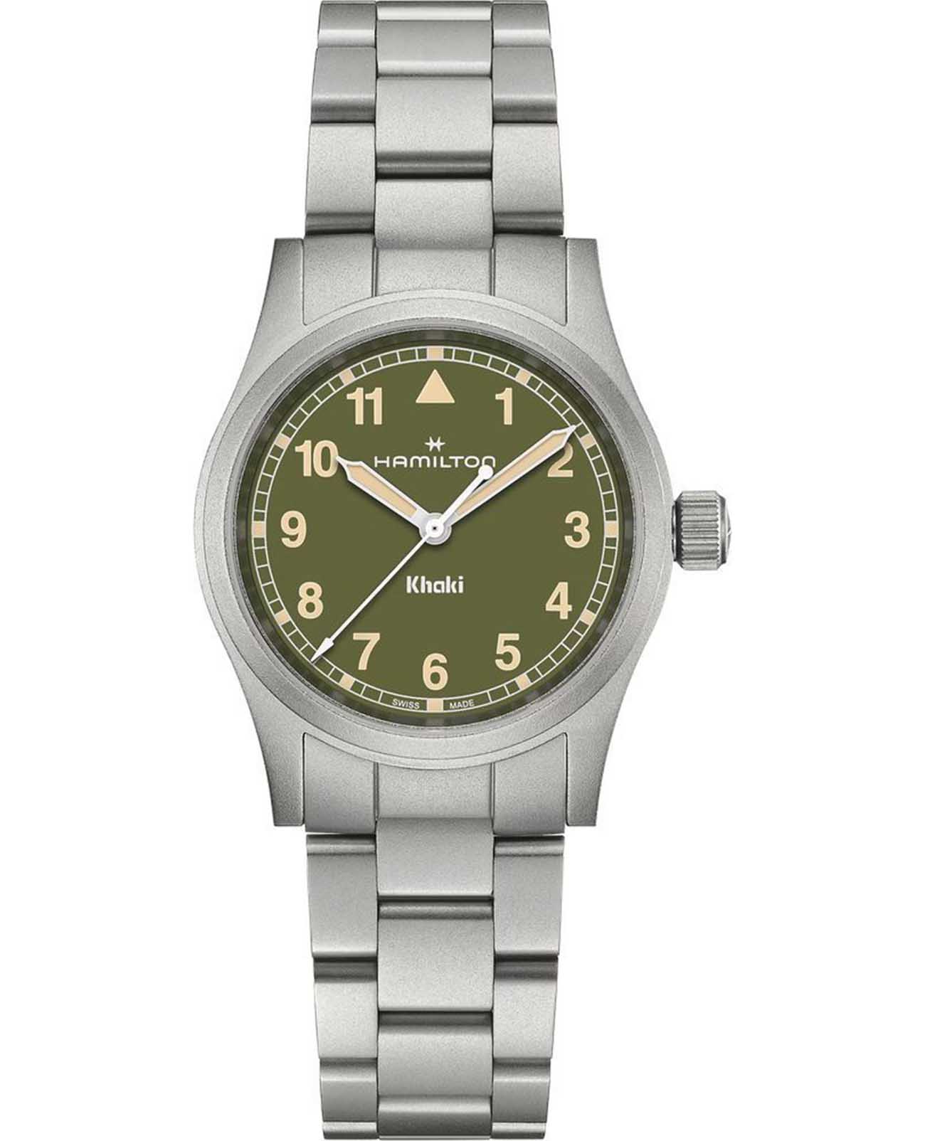 Hamilton Hamilton Khaki Field Quartz 33mm H69301160  H69301160 кварцевые мужские часы зеленый циферблат, браслет нержавеющая сталь — вид спереди