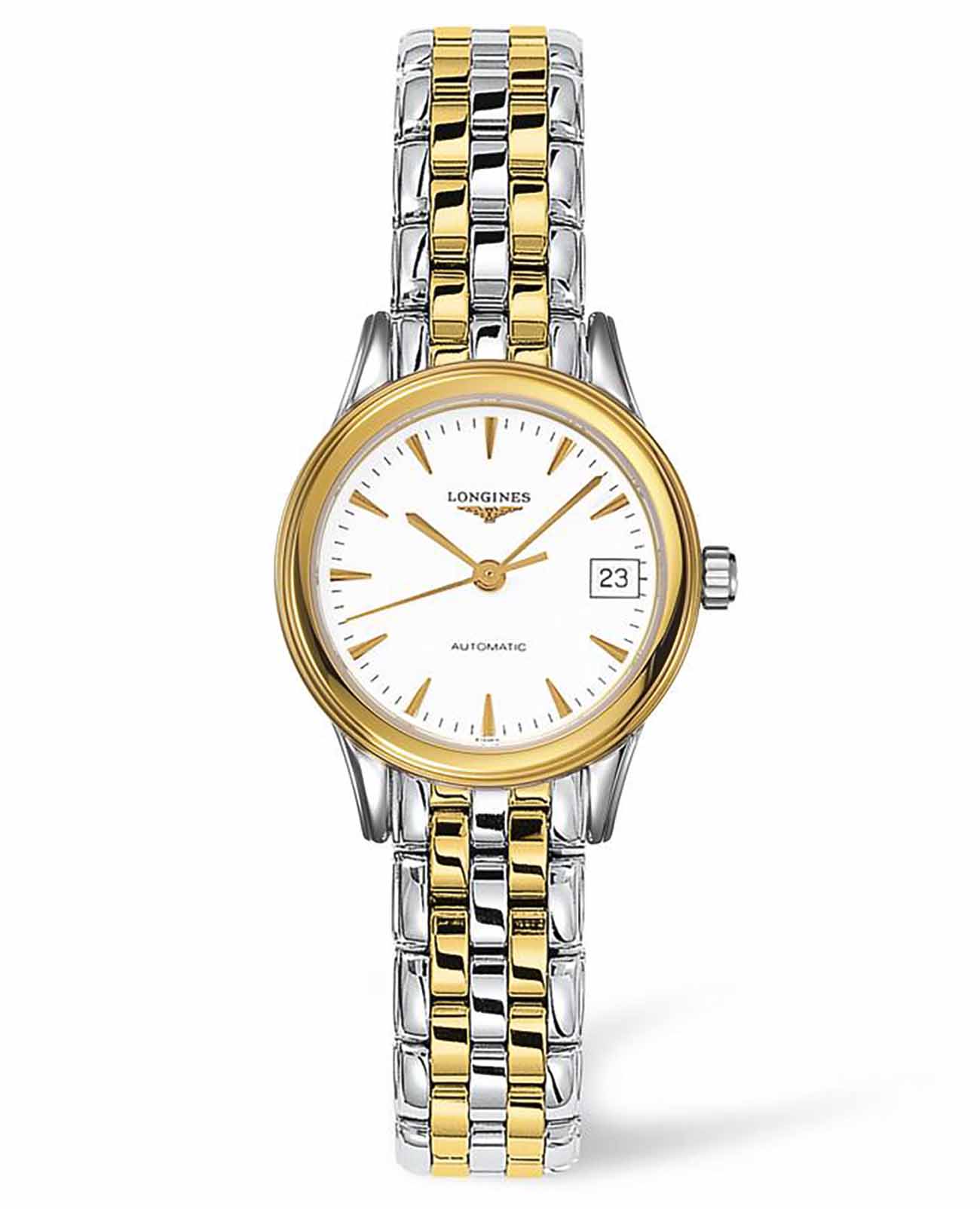 Longines Longines Flagship L4.274.3.22.7  L42743227 механические женские часы белый циферблат, браслет сталь c pvd покрытием — вид спереди