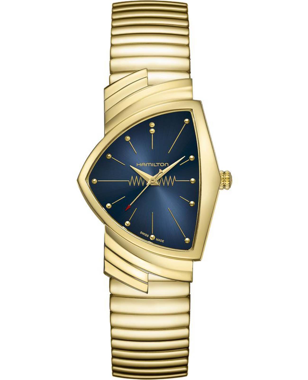 Hamilton Hamilton Ventura Quartz H24301141  H24301141 кварцевые мужские часы синий циферблат, браслет нержавеющая сталь с pvd-покрытием — вид спереди