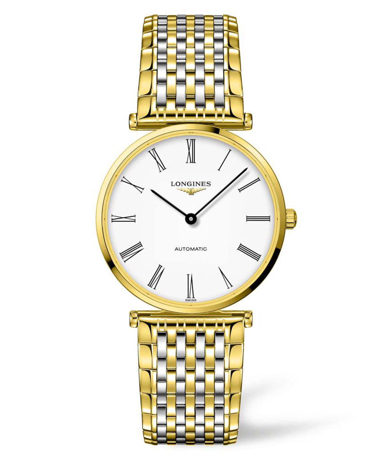 Longines Longines La Grande Classique  L4.908.2.11.7  L49082117 механические мужские часы белый циферблат, браслет нержавеющая сталь с pvd-покрытием — вид спереди