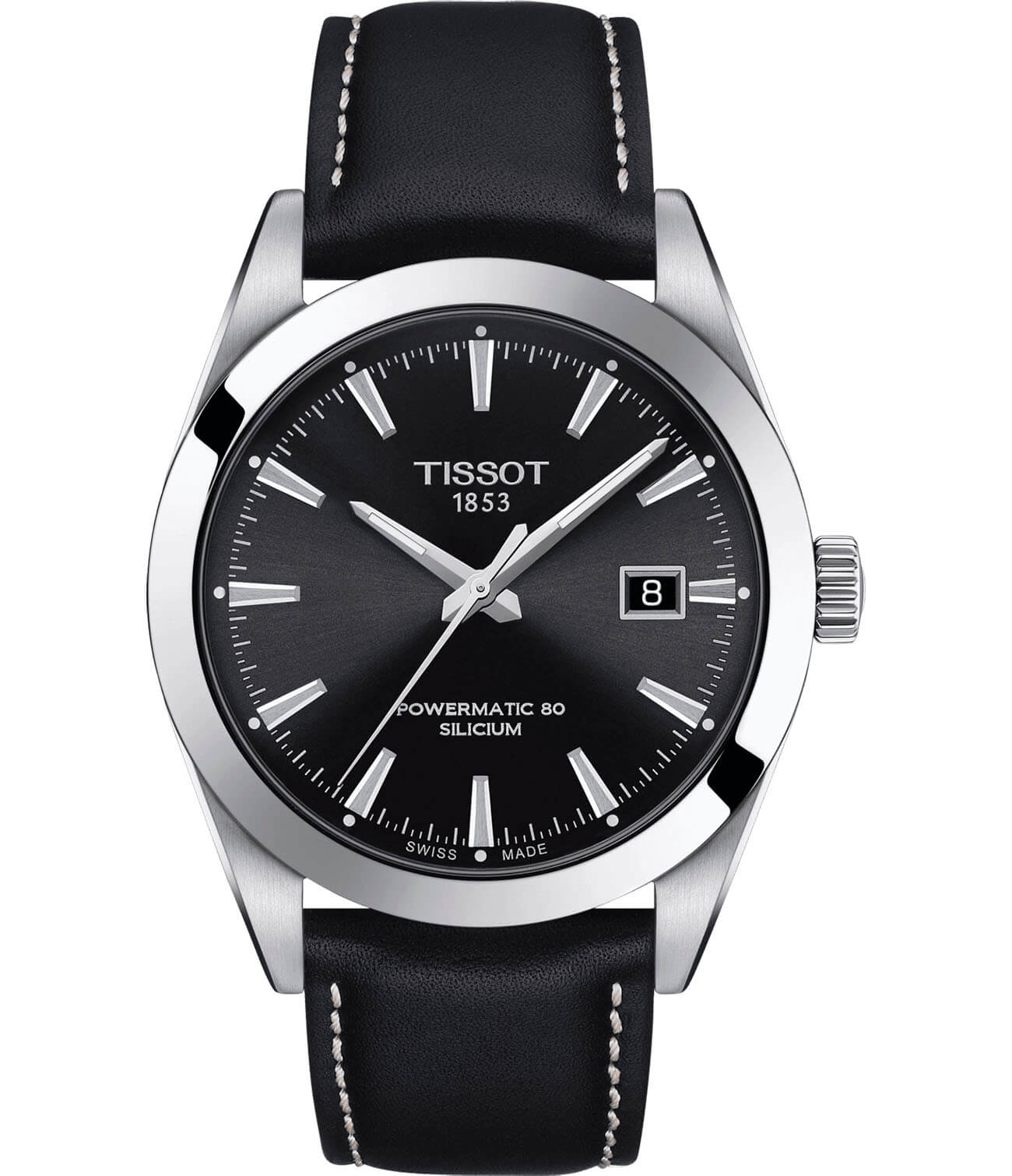 Tissot Tissot Gentleman Powermatic 80 Silicium T127.407.16.051.00 Gentleman T1274071605100 механические мужские часы черный циферблат, браслет кожаный — вид спереди